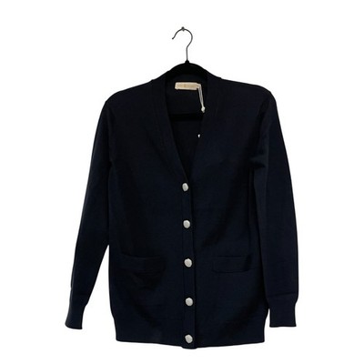 Tory Burch Womens Cardigan Sweater XS Navy Long Sleeve V Neck Wool NWT