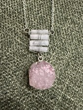 Handmade Rose Quartz Druzy Necklace  Wire Wrapped Quartz  Boho Crystal Pendant
