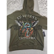 Ed Hardy Hoodie Men's XL Green Graphic Print Tattoo Fire Breathing Dragon Tiger