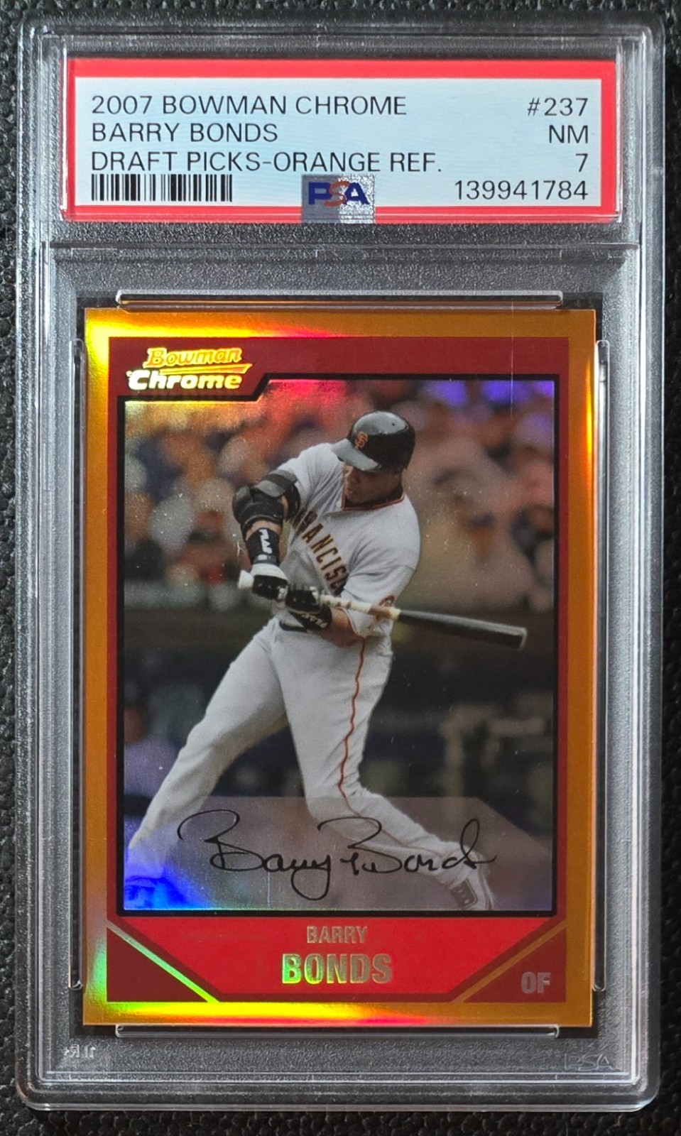 2007 Bowman Chrome * BARRY BONDS #237 ORANGE REFRACTOR /25 * PSA 7 view 1