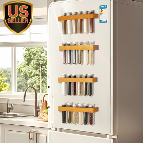 Spice Rack Magnetic for Fridge, 4-Pack Wooden Spice Rack Shelf Set Wall Hanging