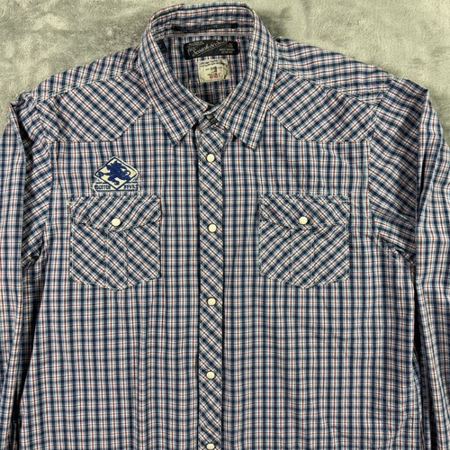 Scotch & Soda Men’s XL Blue Plaid Western Pearl Snap Scotch Devils Patch