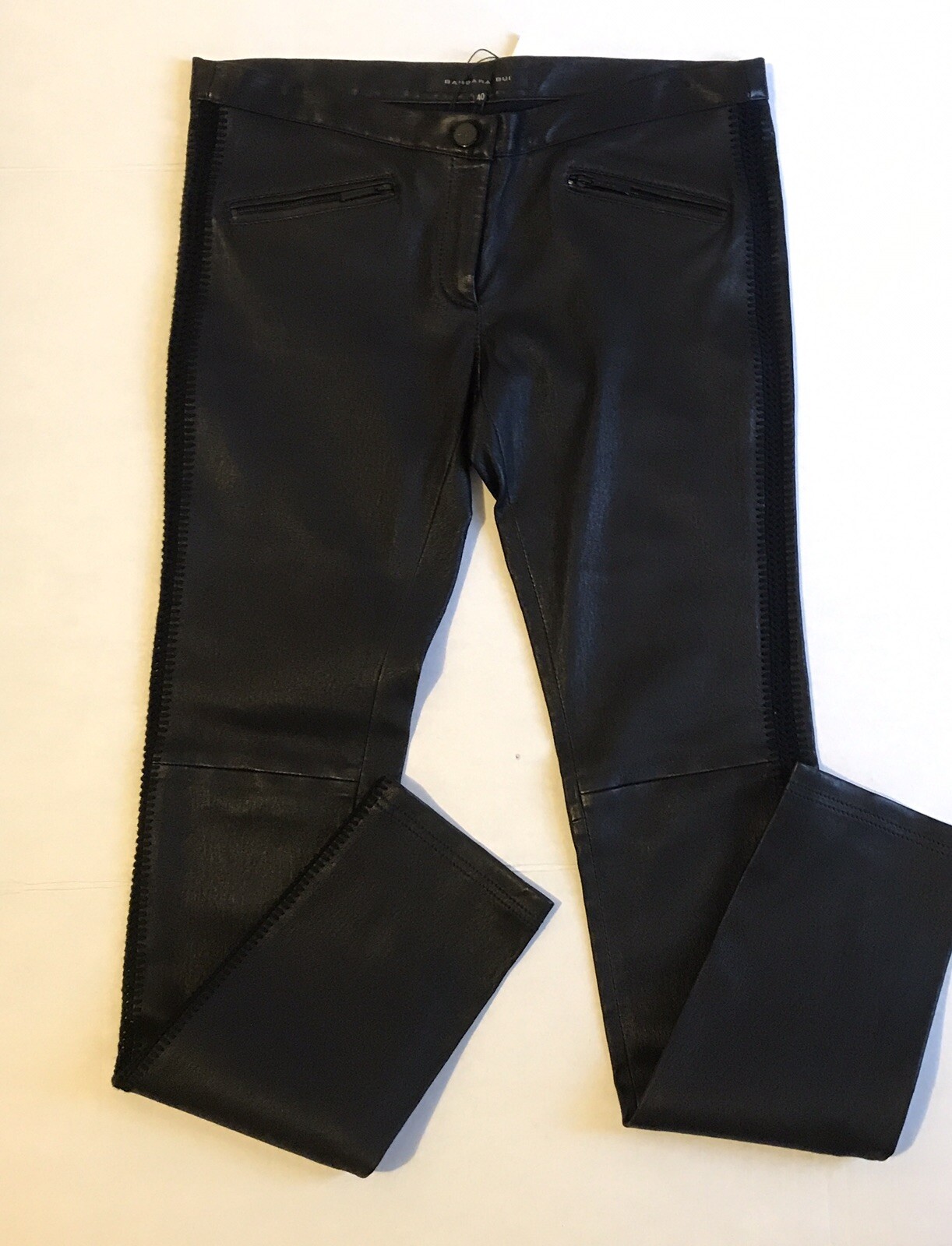 BARBARA BUI Black Leather Leggings With Crochet  Side Accent Size 40/6