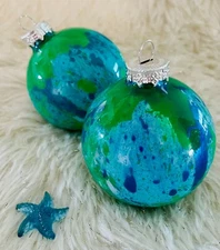 Hand Painted Glass Christmas Ball Ornament- Blue, Green & White