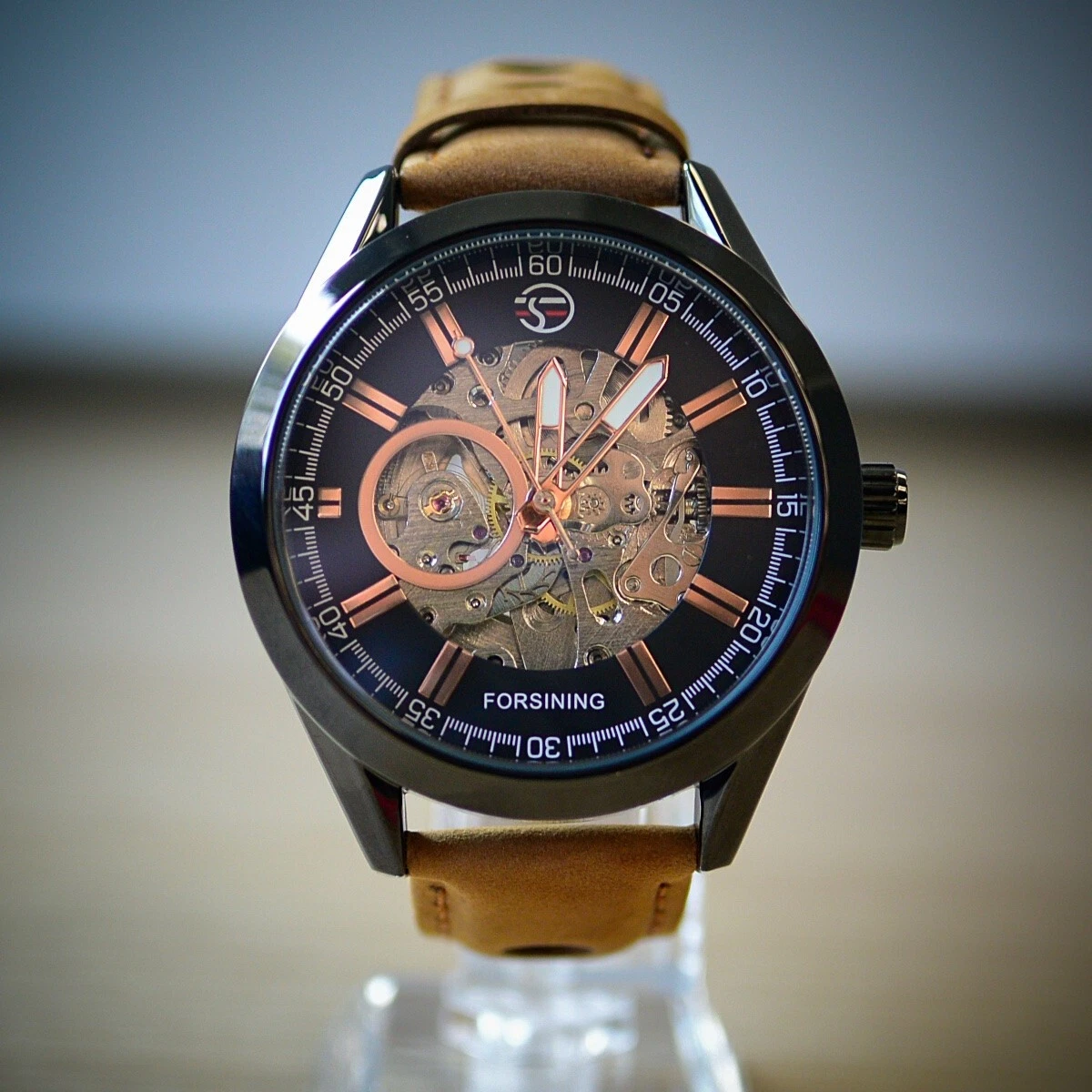 Forsining Orologio Automatico Uomo Con Cinturino In Pelle - Meccanico A Carica Automatica, Quadrante Scheletro, Vetro Minerale, Elegante