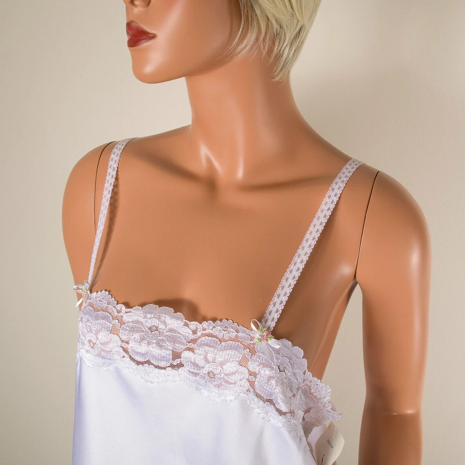 VTG MISS ELAINE White Satin Nightgown M Chemise Bridal Nightie Ruffle Lace NWT - Image 3 of 4