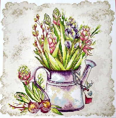 JOY SUNDAY Hyacinth In Watering Can - 14 Count Cross Stitch Kit - Aida Size 29 x 29cm