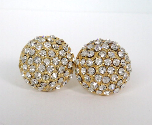 VTG 1950s GOLDEN DOMED CRYSTAL RHINESTONE RUNWAY EARRINGS 1 1/16" DIAMETER - Picture 8 of 11
