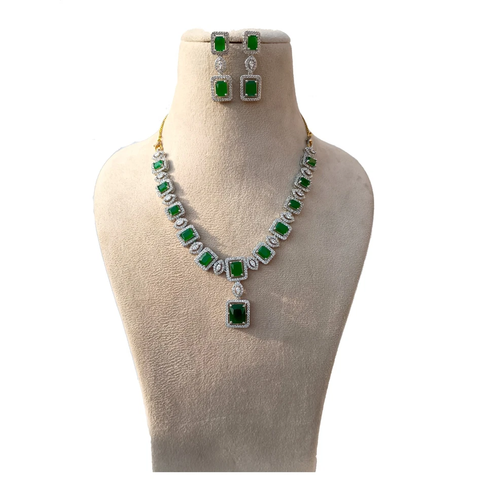 Premium Emerald Necklace jewelry, White plated Necklace, South Indian Necklace - Image 2 of 4