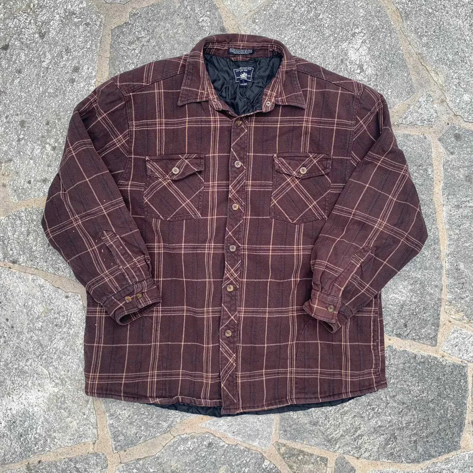 Levis Brown Plaid Lined Flannel 2XLarge Outdoors Cowboy Fall Winter Buttonup