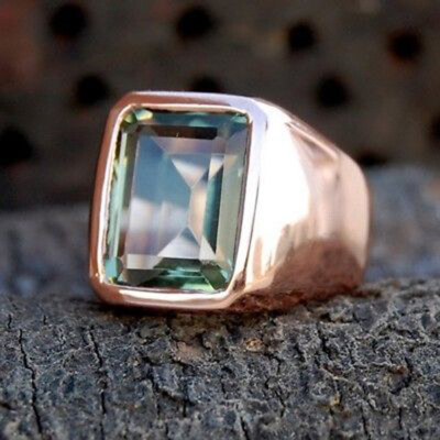 Solid 925 Sterling Silver Natural Green Amethyst Cut Gemstone Wedding Men's Ring
