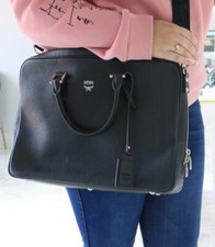 Vintage MCM Black Leather Briefcase Laptop Satchel Travel Tote Bag Cross Body