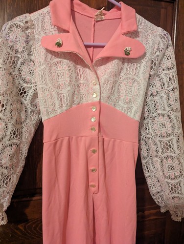 Vintage 70's Dolly Pink Polyester Collar Lace Sleeves Jumpsuit Size XXS - Picture 2 of 21