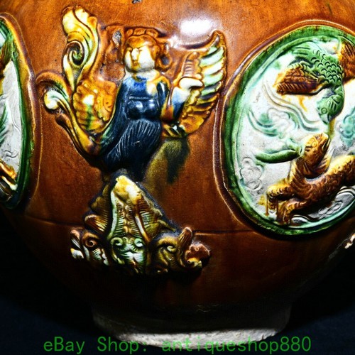 Ancien pot à officiel crochets 13'' porcelaine chinoise Tang Sancai motif oiseau bête
