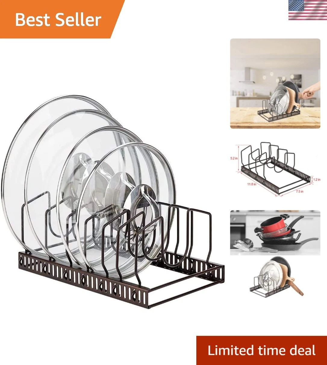 Pot Lids Organizer Rack for Cabinet and Countertop, 7+ Pan Lids and Bakeware ...