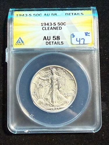 1943 S WALKING LIBERTY HALF DOLLAR ANACS AU 58 DETAILS CLEANED