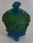 Jeanette Glass Company Carnival Blue Green Footed Covered Candy Dish With Lid 19