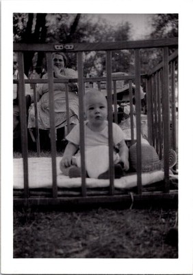Baby in Wooden Playpen at Outdoor Family Picnic, 1940s B&W Snapshot