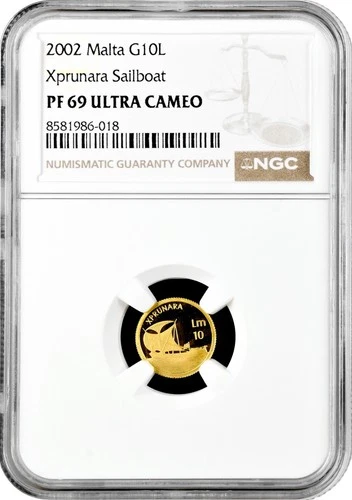 Malta 10 liri 2002, NGC PF69 UC, "Xprunara" gold coin
