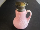 Antique Pink Milk Glass With Raised Floral Decorations Handled Syrup Pitcher