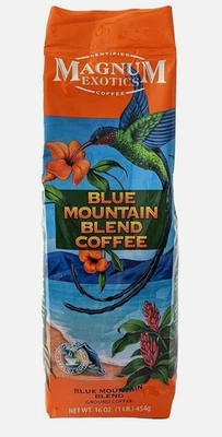 MAGNUM EXOTICS Jamaican Blue Mountain Coffee Blend, Ground, 1 Lb Bag -Medium Roast, Fresh 06/26
