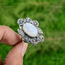Natural Rainbow Moonstone Statement Flower White Adjustable Ring 925 Silver
