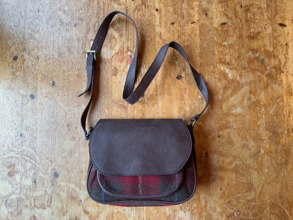 JOULES TARTAN FAUX BROWN LEATHER LONG STRAP CROSSBODY HANDBAG BAG SATCHEL