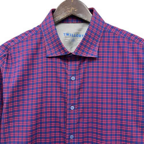 Twillory Men's 18 36/37 Tailored Fit Performance Red/Navy Plaid Dress Shirt euc