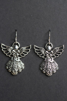 Angel Charm Earrings 925 Sterling Silver Hooks Pewter Pendants 1 1/4'' Angels