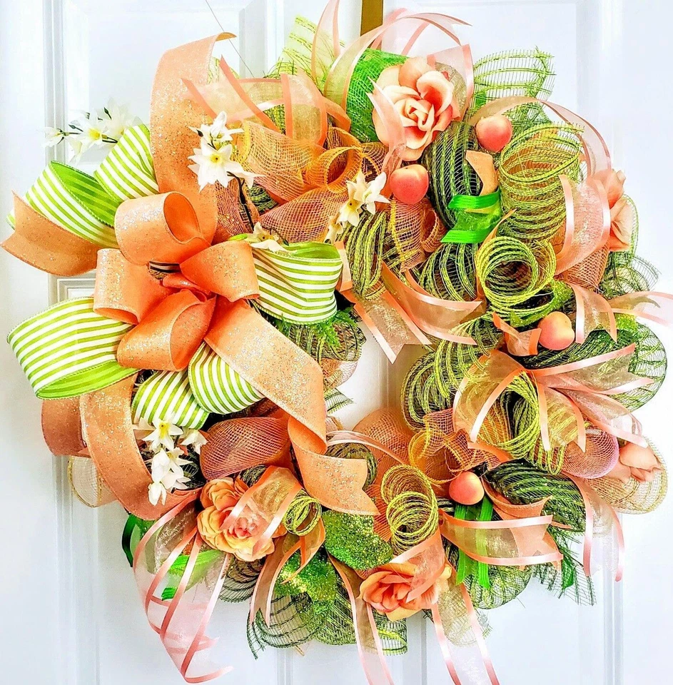 Spring Summer Peach Flower Front Door Wreath 24 inch Floral Farmhouse Decor - Image 2 of 4