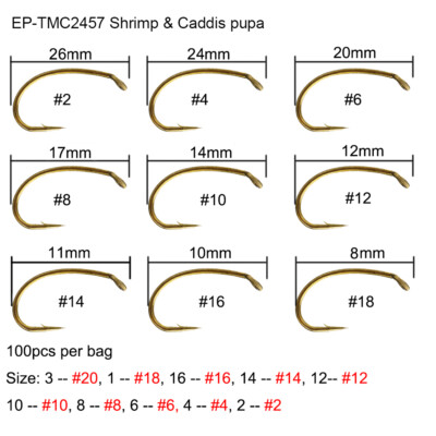 Eupheng 100pcs EP-TMC-2457 Shrimp Caddis Pupa Down Eye Forged Fly Fishing Hooks