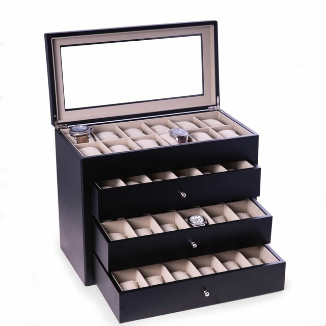BeyBerk BB786BLK Wood 48 Watch Box Glass Lid 3Drawer Jewelry Box
