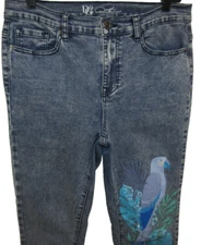 DG2 DIANE GILMAN TROPICAL BIRD DENIM JEANS WOMENS SIZE 8