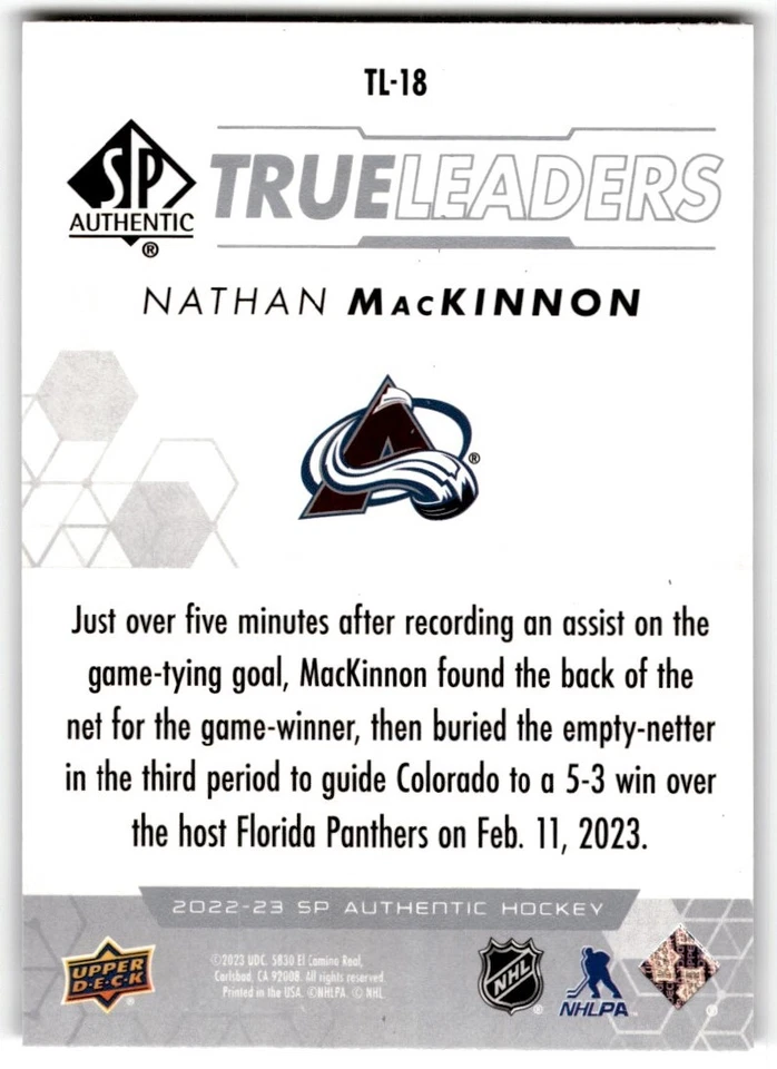 2022-23 SP Authentic True Leaders Nathan MacKinnon #TL-18 Colorado Avalanche - Image 2 of 2