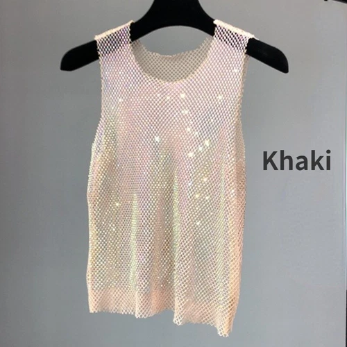 Damen Kristall Mesh Camisole Tank Top Glitzer glänzend ausgehöhlt Weste Weste - Bild 6 von 25