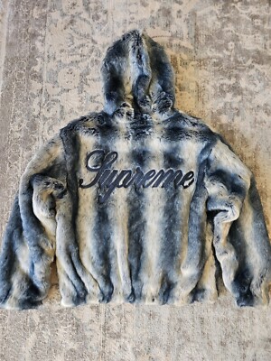 Supreme Men's Ice Blue Faux Fur Reversible Hooded Jacket Size US