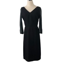 Vintage 50s 60s Little Black Dress Womens 14 Plunge V-Neck A-Line Sheer Sleeves