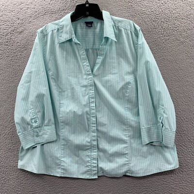 BASIC EDITIONS Shirt Womens 2X Button Up Blouse Top Striped 3/4 Sleeve Blue
