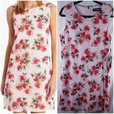 New Karl Lagerfeld Pink Rose Floral Lace Shift Sheath Dress Size 14 Sleeveless 