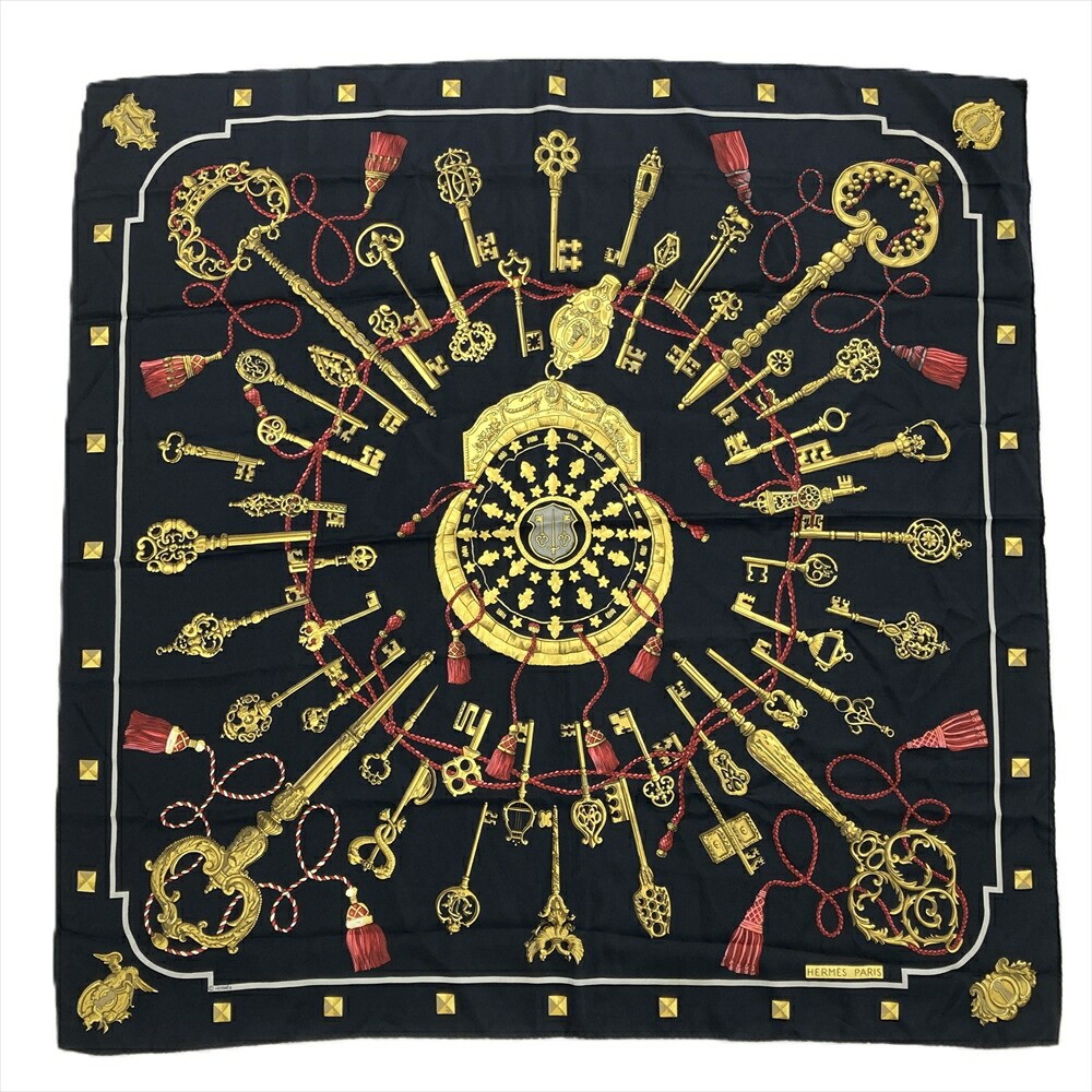 Hermes 90 Les Cles Scarf Silk Black Key r25_0710