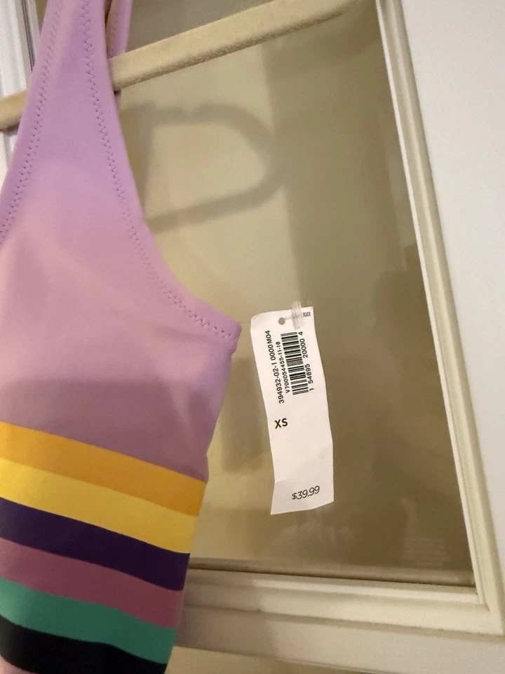 Antiguo traje de baño de una pieza azul marino lavanda lila arco iris gráficos cuello redondo XS NUEVO CON ETIQUETAS Foto 3 de 4