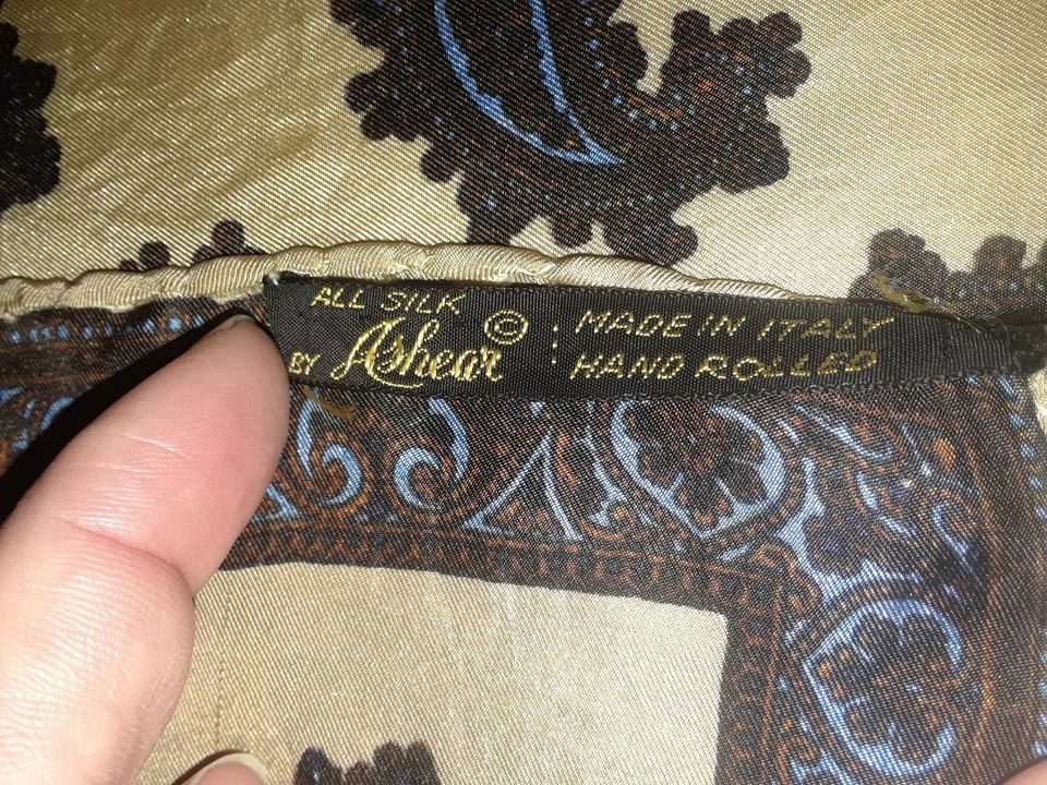 Ashear ручной свернутый золотой коричневый синий пейсли 100% шелк карман квадратный 18» Италия - Изображение 3 из 4