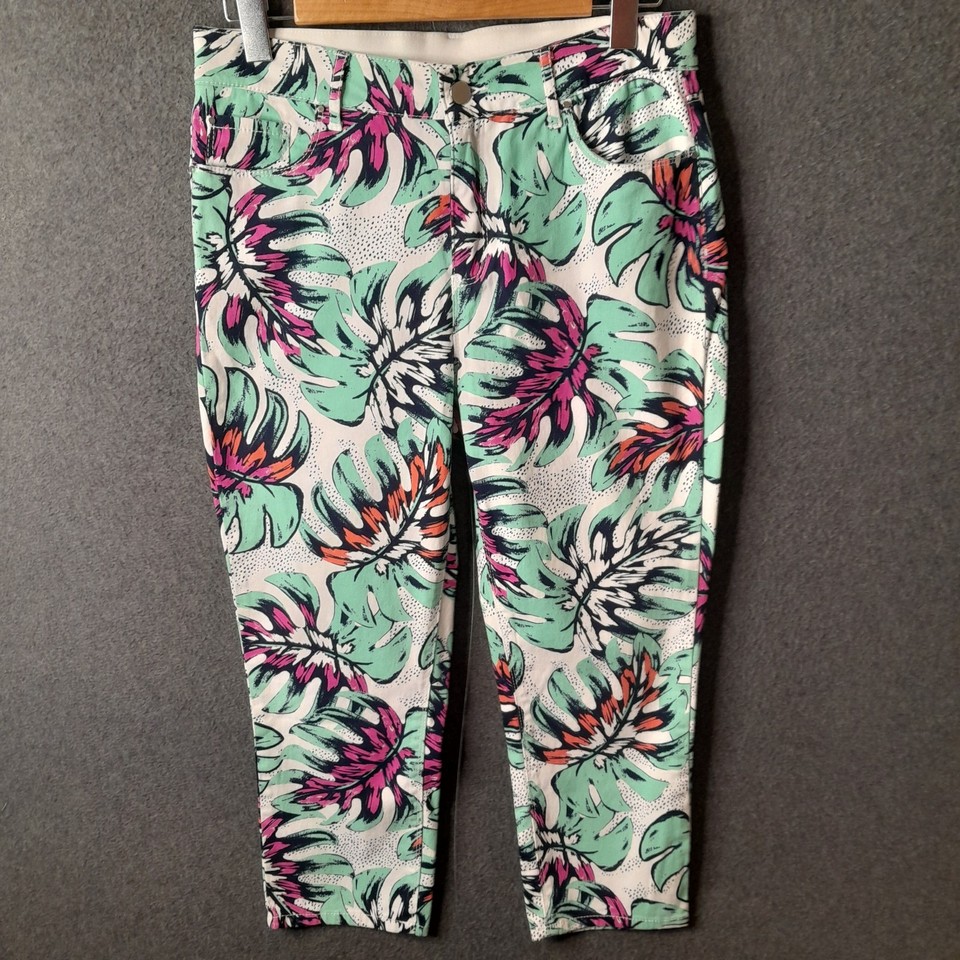 ROCKMANS Womens crop pants Size 10 green pink casual resort cotton blend pockets