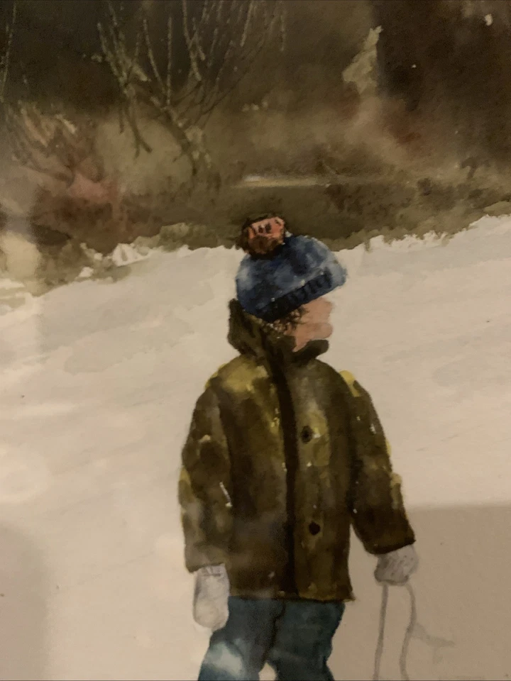 MCM PINTURA IMPRESIONISTA FIRMADA DE COLECCIÓN ESCENA DE NIEVE DE INVIERNO NIÑO TRINEO ENMARCADO Foto 4 de 4