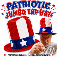 VELVET PATRIOTIC JUMBO TOP HAT Uncle Sam Stars Stripe USA Flag Adult Red W Blue