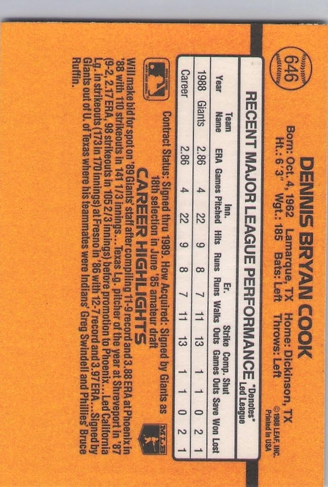 1989 Donruss - Dennis Cook #646 (RC) - Image 2 of 2