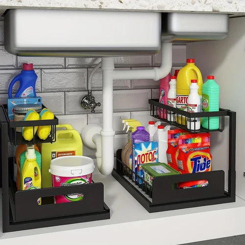 2 Pack 2-Tier Pull Out Under Sink Organizer, Metal Sliding Cabinet Storage Rack
