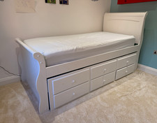 Beautiful White Sleigh Bed with Pull-Out Guest Bed, 2 Mattresses & Storage