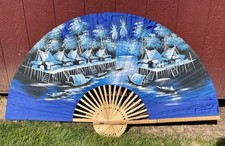Large Thailand Hand Painted Decorative Wall Fan 35  x60  Blue  White Asian