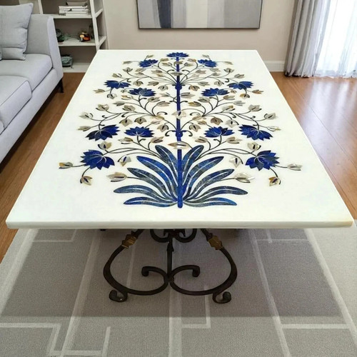 Marble with Semi precious stone Inlay Tabletop, 48" x 30" Dining tabletop decor - Picture 2 of 14